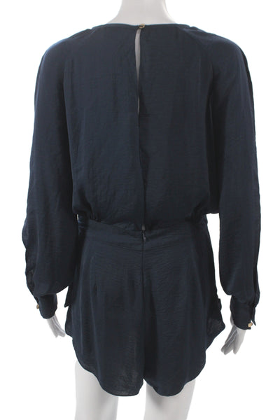 Finders Women Romper Blue Long Sleeve Round Neck Button Polyester Size M