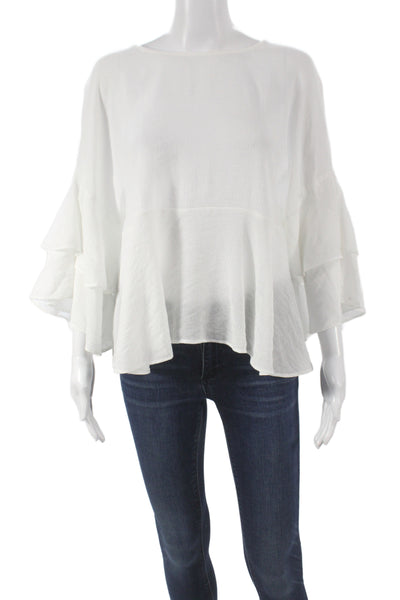 Eri + Ali Womens Boho Tunic White 3/4 Sleeve Round Neck Button Rayon Size M