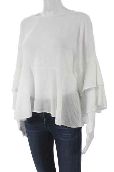 Eri + Ali Womens Boho Tunic White 3/4 Sleeve Round Neck Button Rayon Size M