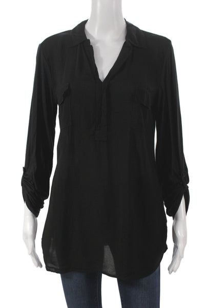 Splendid Womens Tunic Blouse Black Rayon Collared Long Sleeve Size M