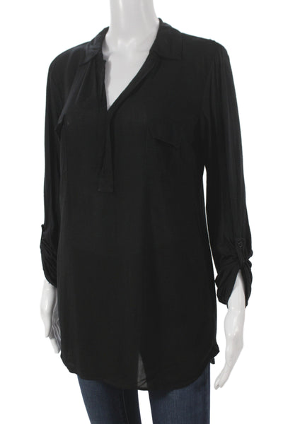 Splendid Womens Tunic Blouse Black Rayon Collared Long Sleeve Size M