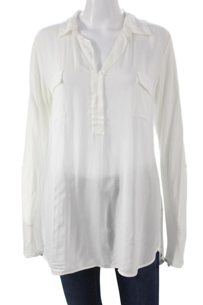 Splendid Women Tunic Blouse Collared Long Sleeve White Rayon Size L