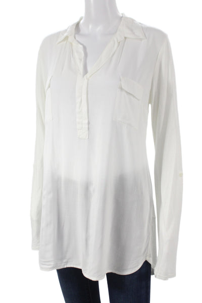 Splendid Women Tunic Blouse Collared Long Sleeve White Rayon Size L