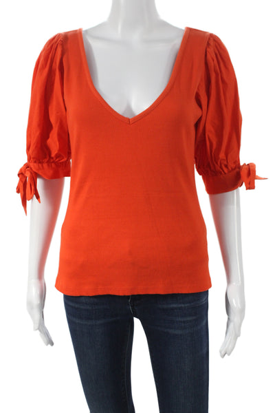 Maeve Anthropologie Womens Orange V-Neck Cotton Short Sleeve Blouse Size S