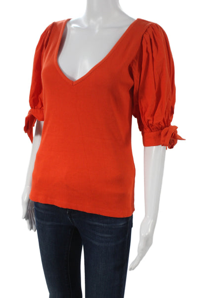 Maeve Anthropologie Womens Orange V-Neck Cotton Short Sleeve Blouse Size S