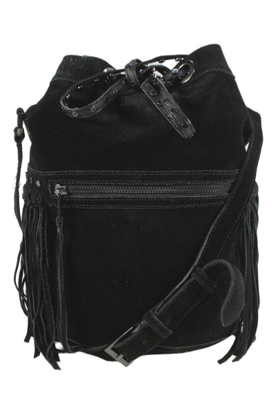 Zadig & Voltaire Womens Suede Fringe Studded Crossbody Shoulder Hanbdag Black