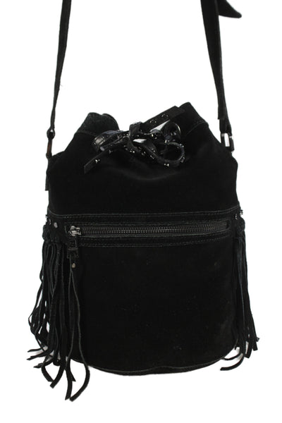 Zadig & Voltaire Womens Suede Fringe Studded Crossbody Shoulder Hanbdag Black