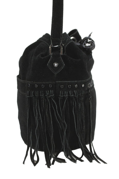 Zadig & Voltaire Womens Suede Fringe Studded Crossbody Shoulder Hanbdag Black