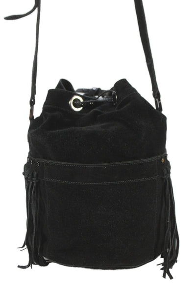 Zadig & Voltaire Womens Suede Fringe Studded Crossbody Shoulder Hanbdag Black