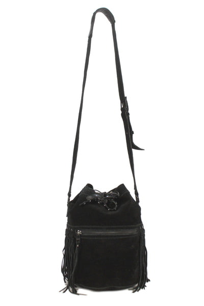 Zadig & Voltaire Womens Suede Fringe Studded Crossbody Shoulder Hanbdag Black