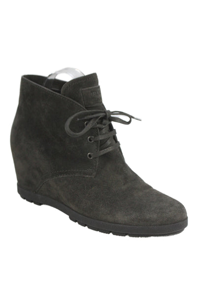 Prada Sport Womens Suede Lace Up Wedge Ankle Boots Grey Size 41 11