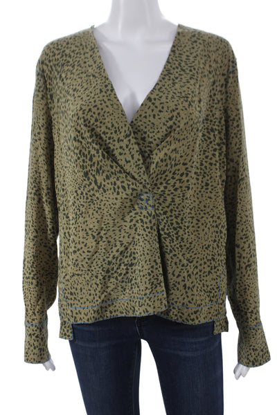 Rag & Bone Womens Green Silk V-Neck Animal Print Blouse Long Sleeve Size M