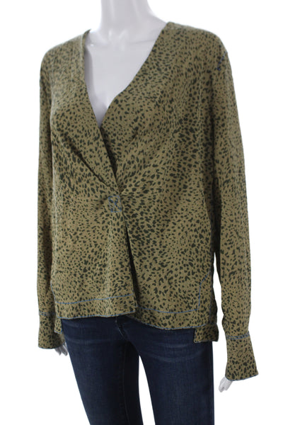 Rag & Bone Womens Green Silk V-Neck Animal Print Blouse Long Sleeve Size M