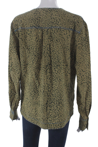 Rag & Bone Womens Green Silk V-Neck Animal Print Blouse Long Sleeve Size M