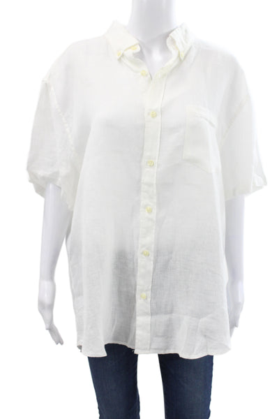 J Crew Women Collared Linen Button-Up Short Sleeve White Top Size XL
