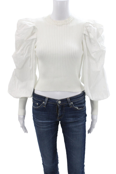 Zara Women Cropped Long Sleeve Blouse White Crew Neck Viscose Size M