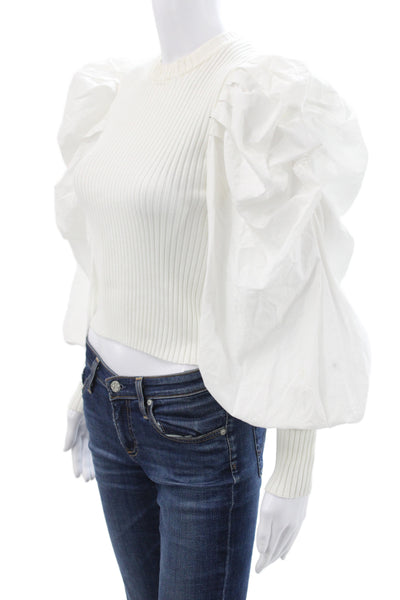 Zara Women Cropped Long Sleeve Blouse White Crew Neck Viscose Size M