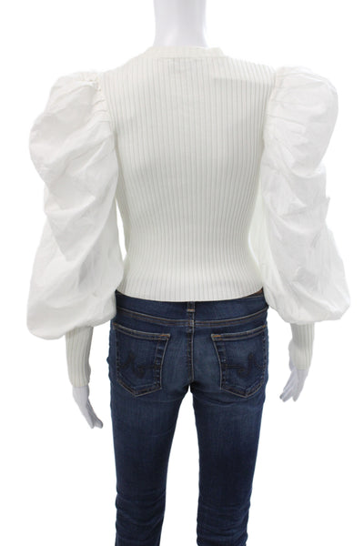 Zara Women Cropped Long Sleeve Blouse White Crew Neck Viscose Size M