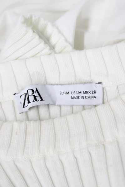 Zara Women Cropped Long Sleeve Blouse White Crew Neck Viscose Size M