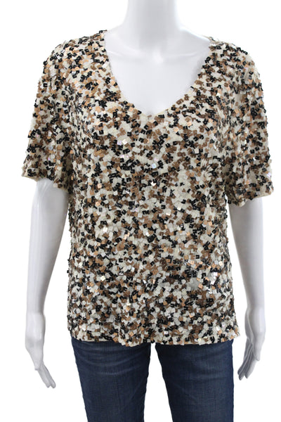 Vera Mont Womens Basic Beige V Neck Geometric Sequin Polyester Blouse Size 48