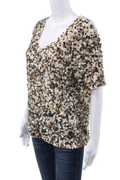 Vera Mont Womens Basic Beige V Neck Geometric Sequin Polyester Blouse Size 48