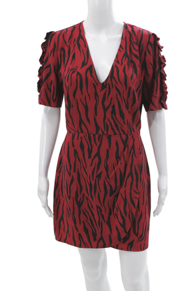 The Drop Women Mini Dress Red Animal Print V-Neck Short-Sleeve Zip Size S