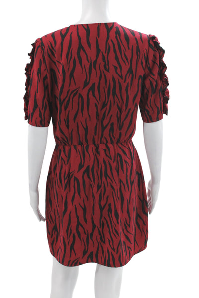 The Drop Women Mini Dress Red Animal Print V-Neck Short-Sleeve Zip Size S