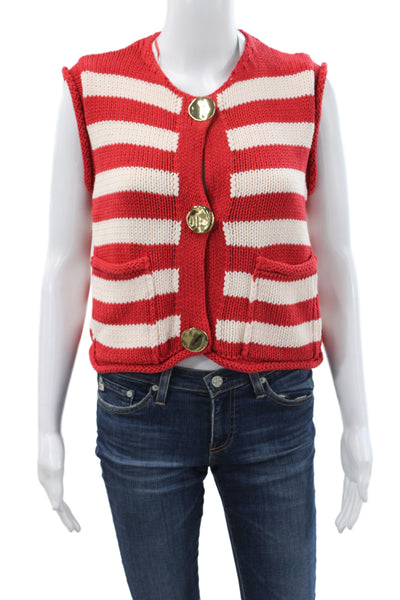 Zara Women Striped Nautical Round Neck Sleeveless Button Vest Red Size S