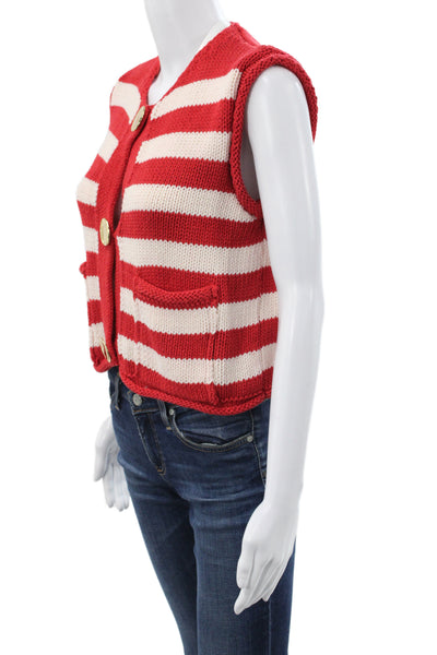 Zara Women Striped Nautical Round Neck Sleeveless Button Vest Red Size S