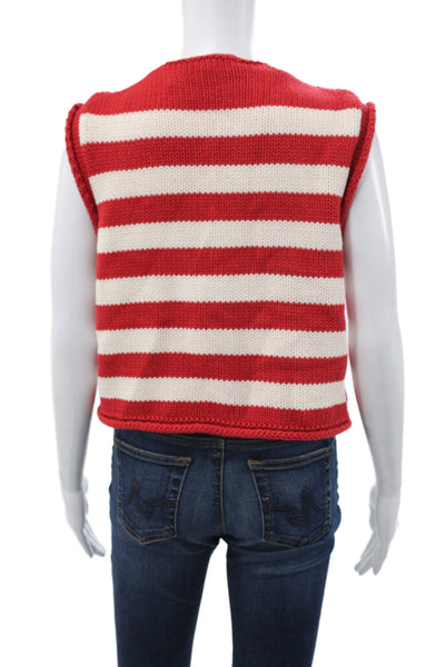 Zara Women Striped Nautical Round Neck Sleeveless Button Vest Red Size S