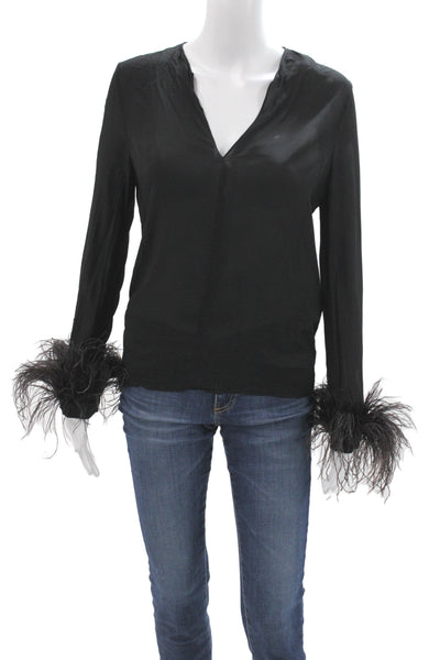 Zara Womens Basic V-Neck Long Sleeve Black Viscose Blouse Size XS