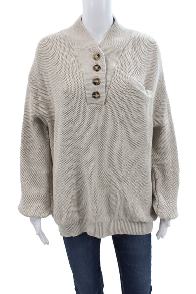 Lunya Women Collared Henley Sweater Beige Long Sleeve Organic Cotton Size M