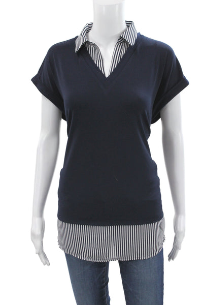 Adrianna Papell Women Blouse Blue Striped Collared Short Sleeve Size M