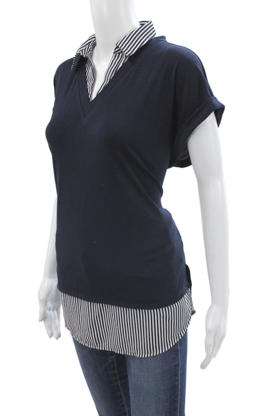 Adrianna Papell Women Blouse Blue Striped Collared Short Sleeve Size M