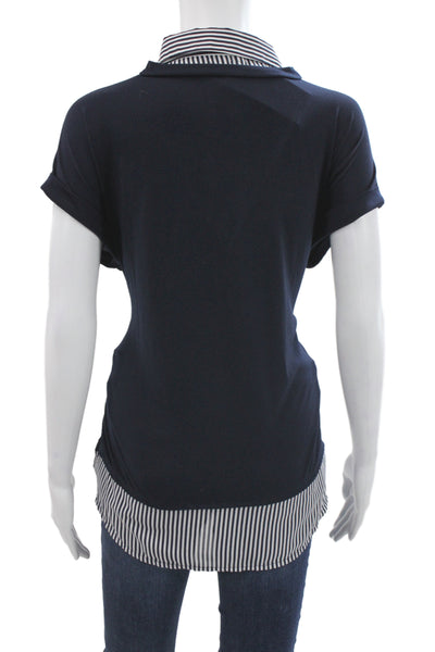 Adrianna Papell Women Blouse Blue Striped Collared Short Sleeve Size M