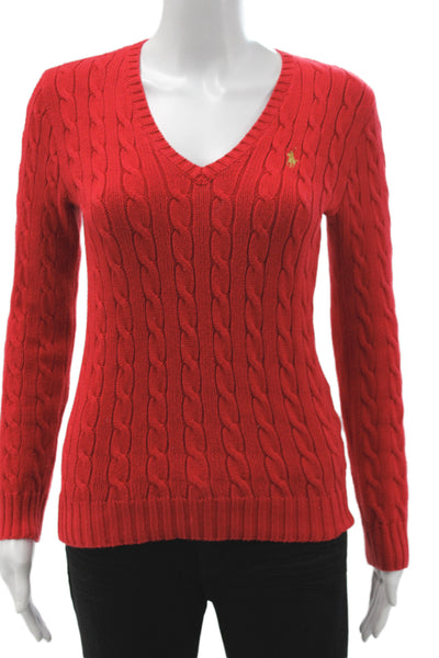 Ralph Lauren Sport Womens Red V-Neck Cotton Pullover Sweater Long Sleeve Size S