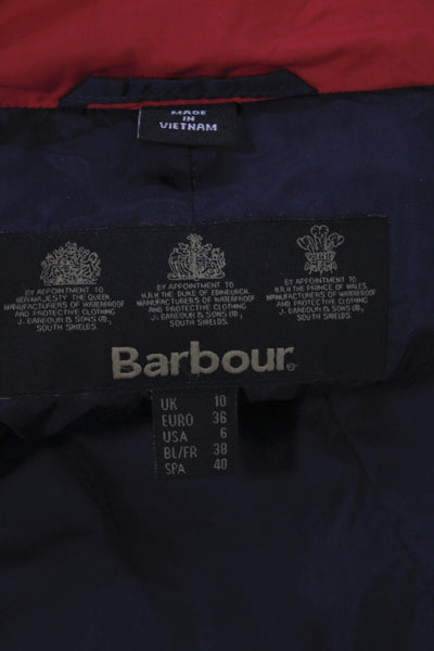 Barbour Womens Quilted Jacket Red Argyle Polyester Snap Closure Size 6