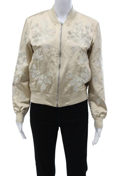 3x1 NYC Womens Bomber Jacket Beige Floral Zip 70% Cotton Size M