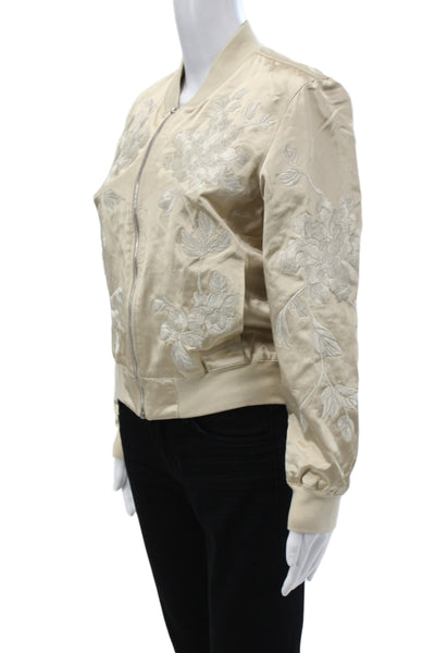 3x1 NYC Womens Bomber Jacket Beige Floral Zip 70% Cotton Size M