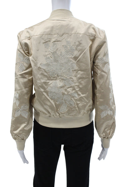 3x1 NYC Womens Bomber Jacket Beige Floral Zip 70% Cotton Size M