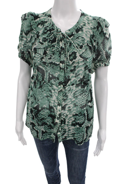 Nieves Lavi Women Tunic Green Silk Short Sleeve Animal Print Size M
