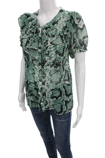 Nieves Lavi Women Tunic Green Silk Short Sleeve Animal Print Size M