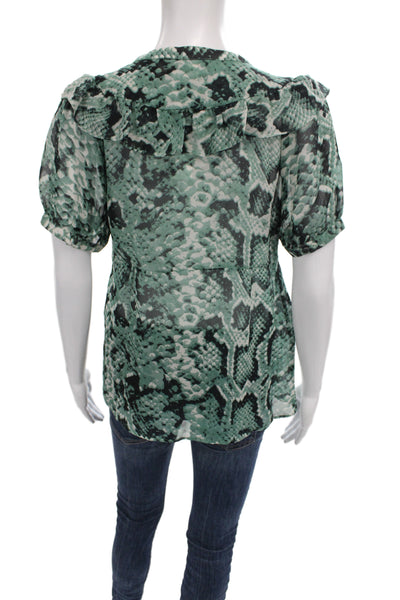 Nieves Lavi Women Tunic Green Silk Short Sleeve Animal Print Size M