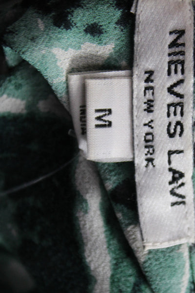Nieves Lavi Women Tunic Green Silk Short Sleeve Animal Print Size M