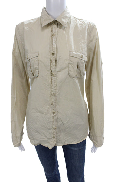J Crew Women Beige Cotton Collared Button Down Shirt Long Sleeve Size L