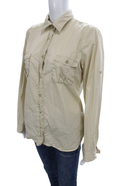 J Crew Women Beige Cotton Collared Button Down Shirt Long Sleeve Size L