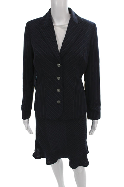 Nicole Miller Womens Striped Blazer A Line Skirt Suit Navy Blue Pink Size 6