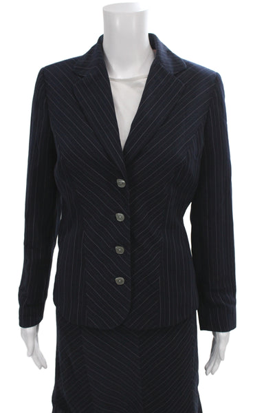Nicole Miller Womens Striped Blazer A Line Skirt Suit Navy Blue Pink Size 6