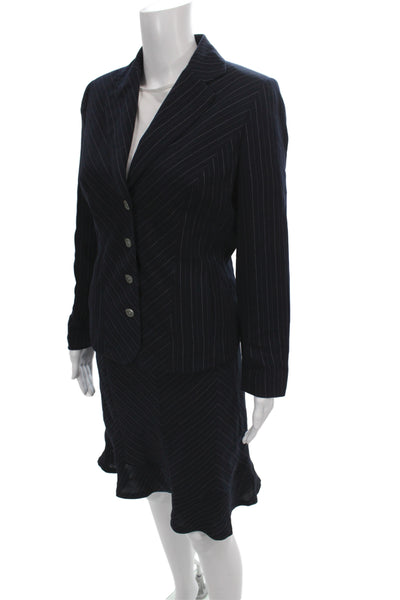 Nicole Miller Womens Striped Blazer A Line Skirt Suit Navy Blue Pink Size 6