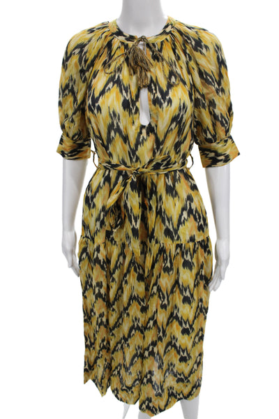Ulla Johnson Women Boho Midi Dress Black Cotton Geometric Tie Waist Size S
